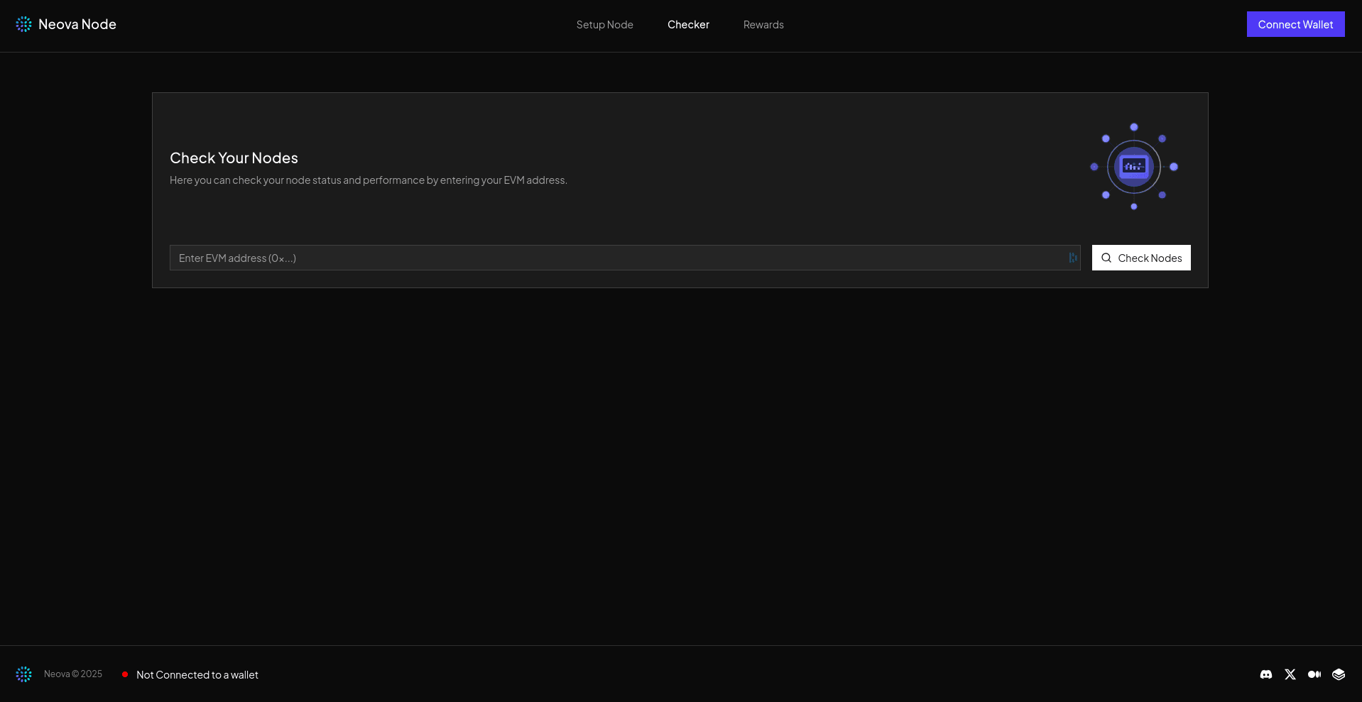Screenshot of Neova Node application interface showcasing the 'Check Your Nodes' section where users can input EVM addresses, featuring a dark minimalist design with blue accents.
