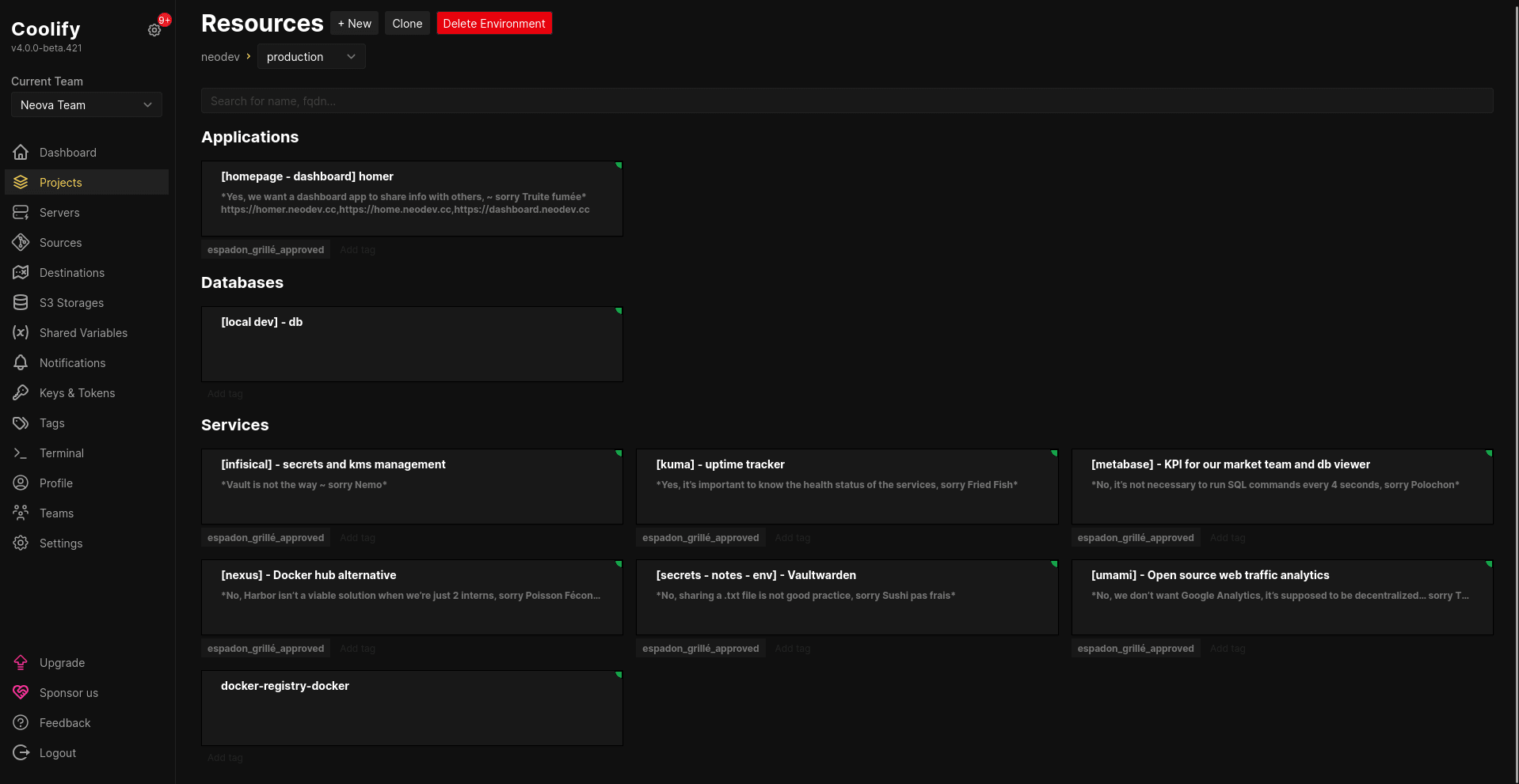 Dashboard interface of Coolify showing categorized resources including Applications, Databases, and Services, with a focus on project management features like Delete Environment and various technical functionalities.