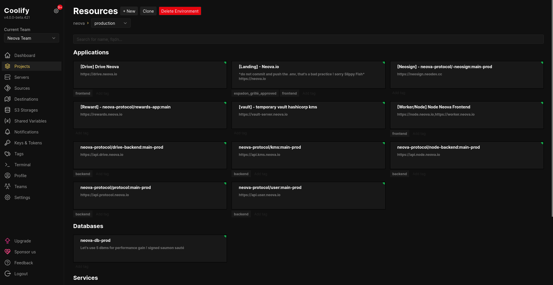 Screenshot of Coolify's dark-themed dashboard displaying the Resources section with applications, databases, and services for the Neova team, including sidebar navigation and environment management options.