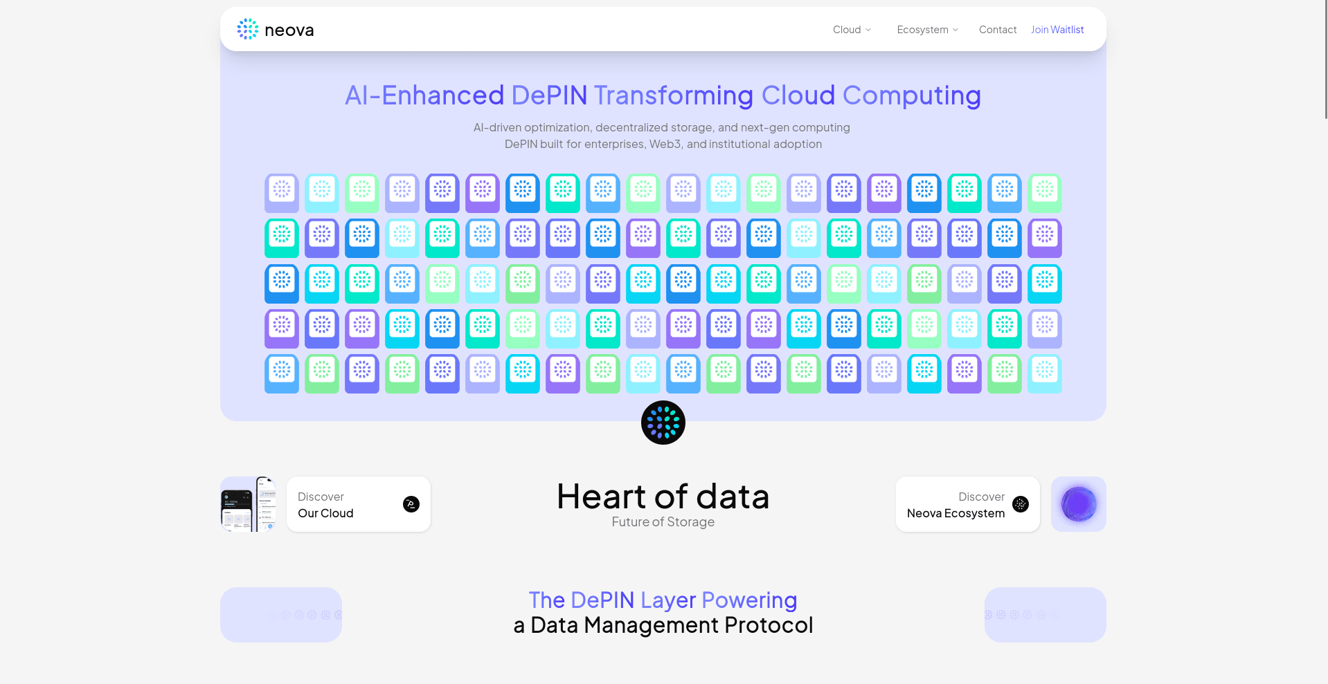 Modern web page design of Neova showcasing AI-Enhanced DePIN technology with a focus on decentralized storage and cloud computing solutions.