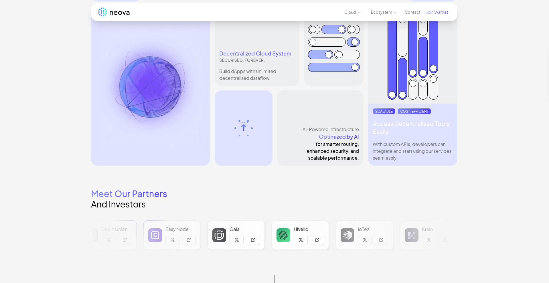 Website layout for Neova showcasing a decentralized cloud system with a modern design, featuring navigation links, a central graphic representing decentralized cloud technology, and informational sections about AI-powered infrastructure.