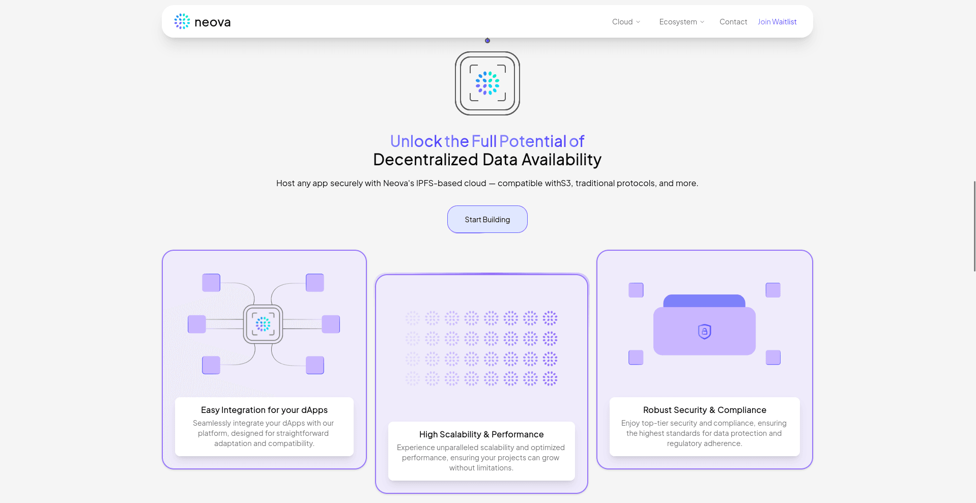 A modern web page design showcasing decentralized data availability with a search bar labeled 'neova,' a heading emphasizing the unlocking of data potential, and features highlighting easy integration, high scalability, and robust security.
