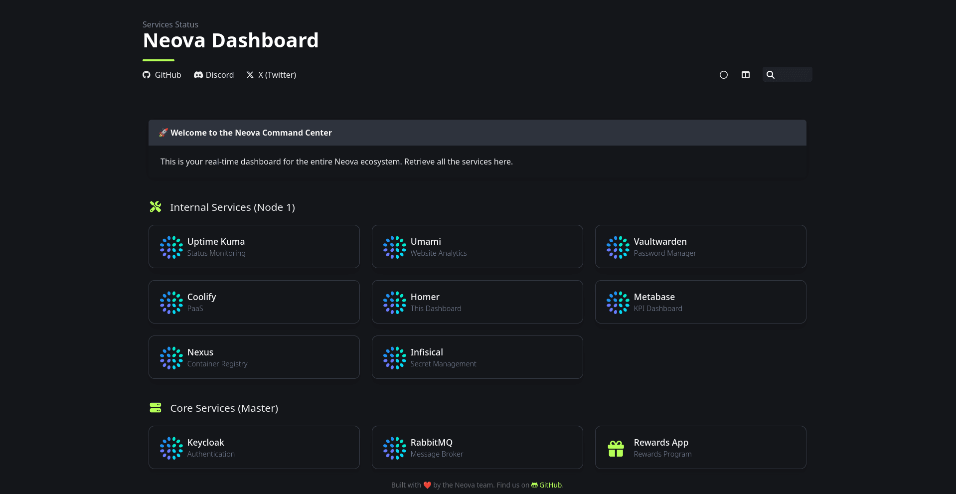 Screenshot of the Neova Dashboard displaying real-time service status, featuring sections for Internal Services and Core Services like Uptime Kuma, Umami, Keycloak, and RabbitMQ, with a modern dark background and icons.