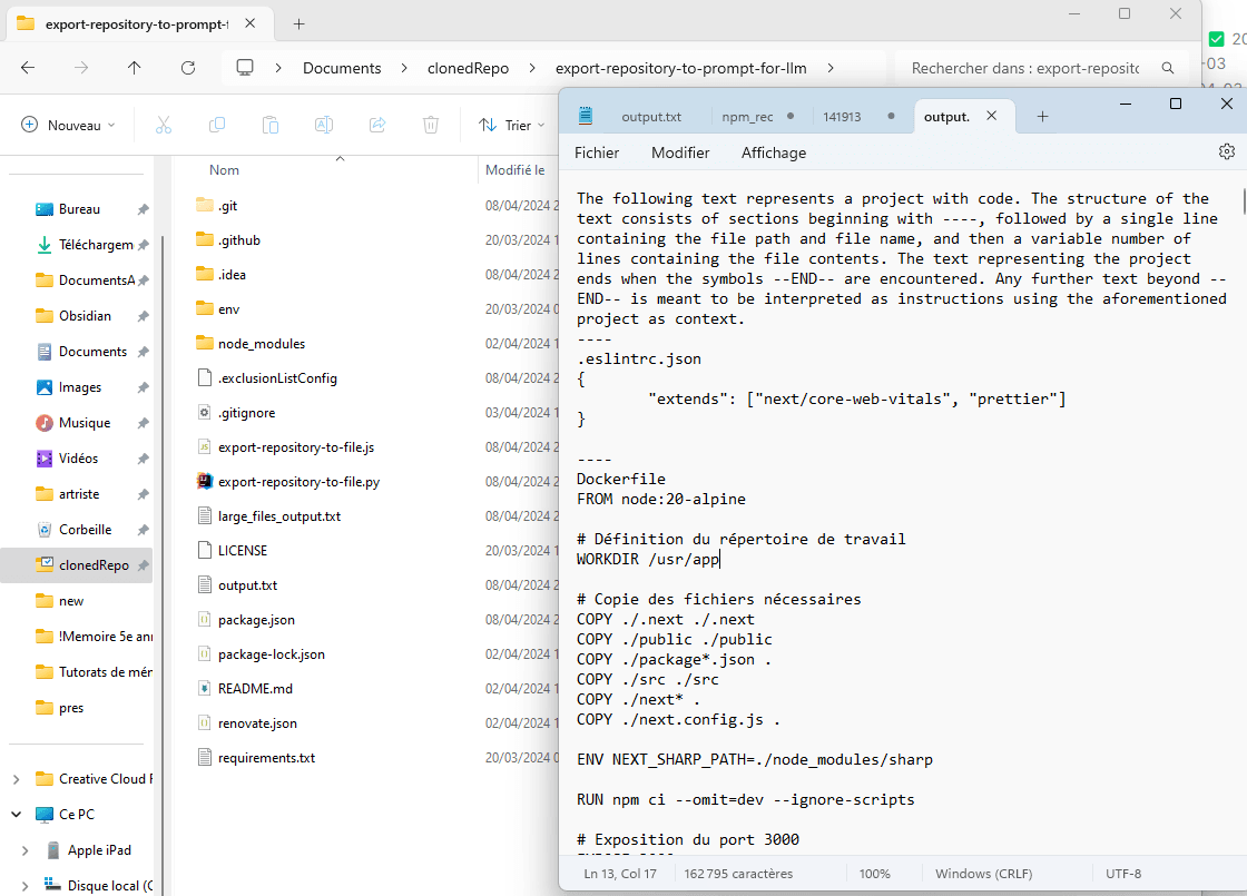 Computer screen with a text editor open to a file named `output.txt` showing project structure code and Dockerfile configuration with folder navigation panel on the left.
