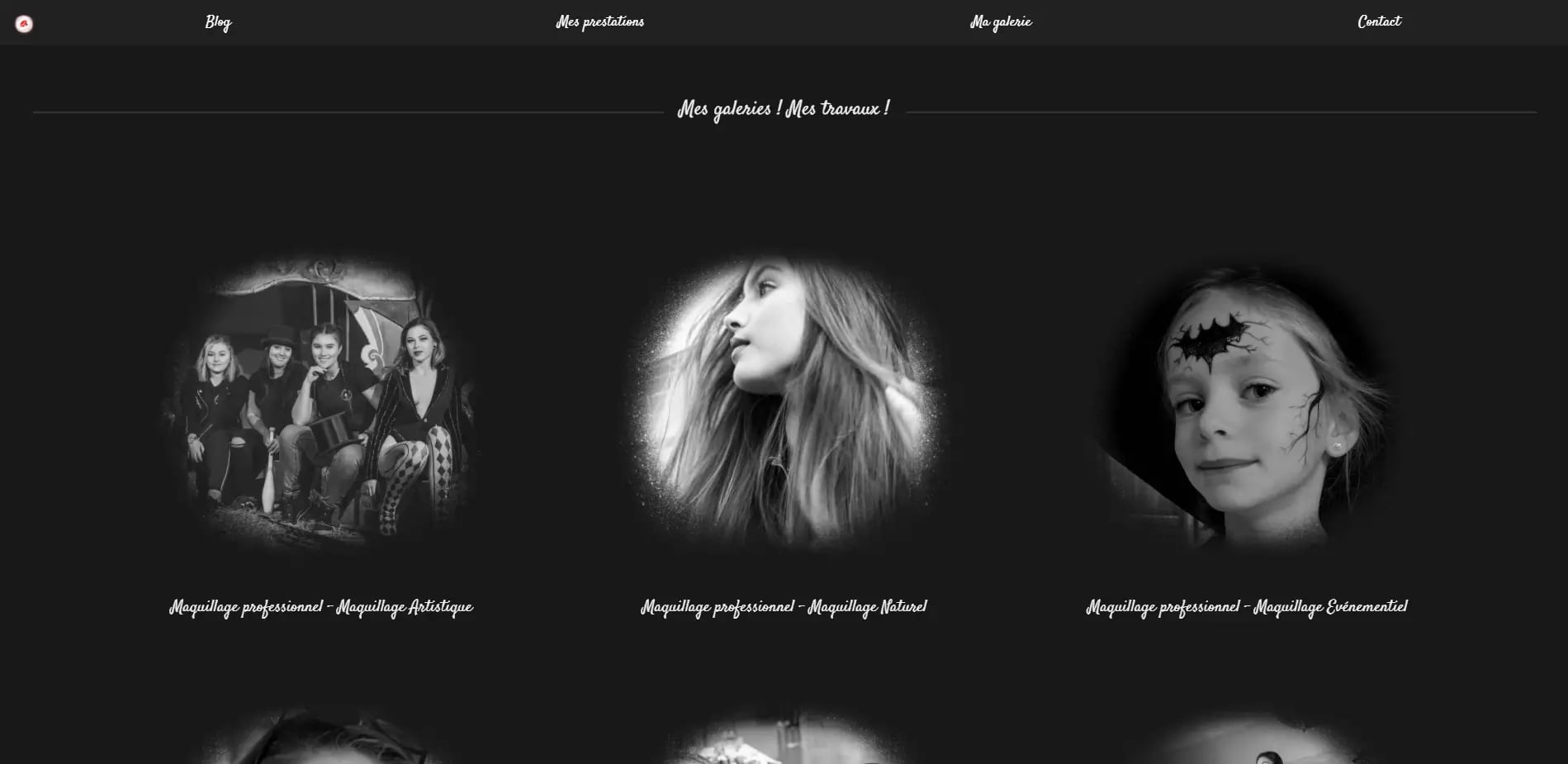 Black and white website gallery featuring three different photographs showcasing professional makeup services.