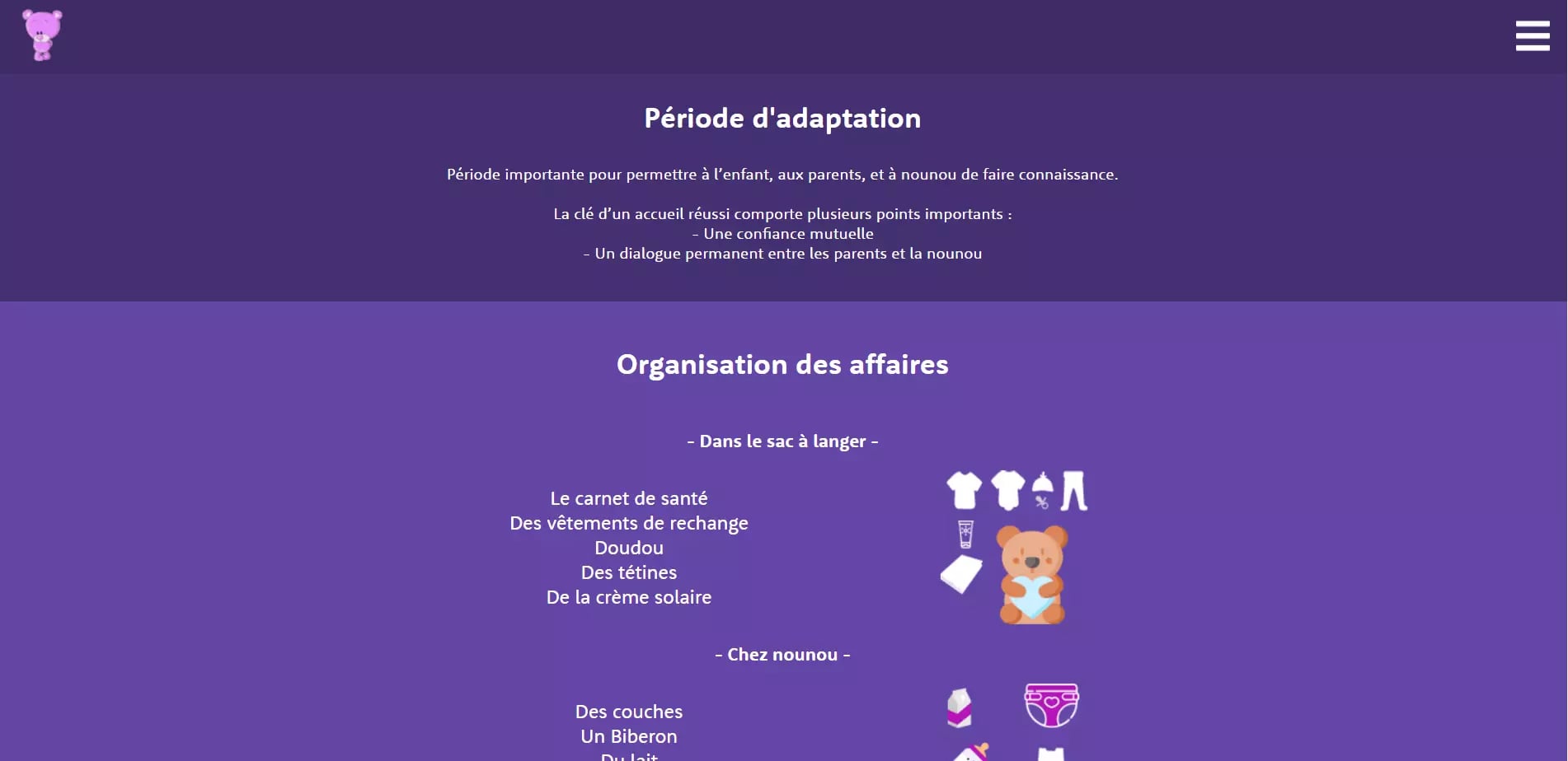 Web page featuring French text related to childcare, emphasizing adaptation period and organization of baby items
