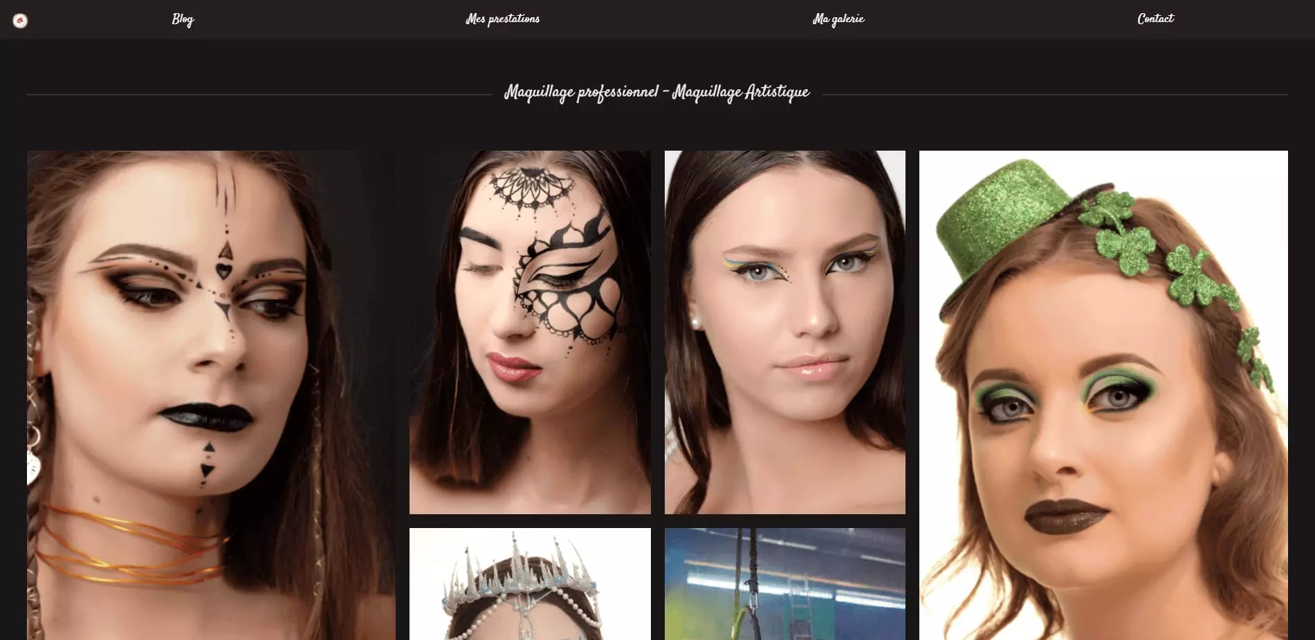 Four women with different artistic makeup designs on their faces showcasing a professional makeup artist's portfolio work.