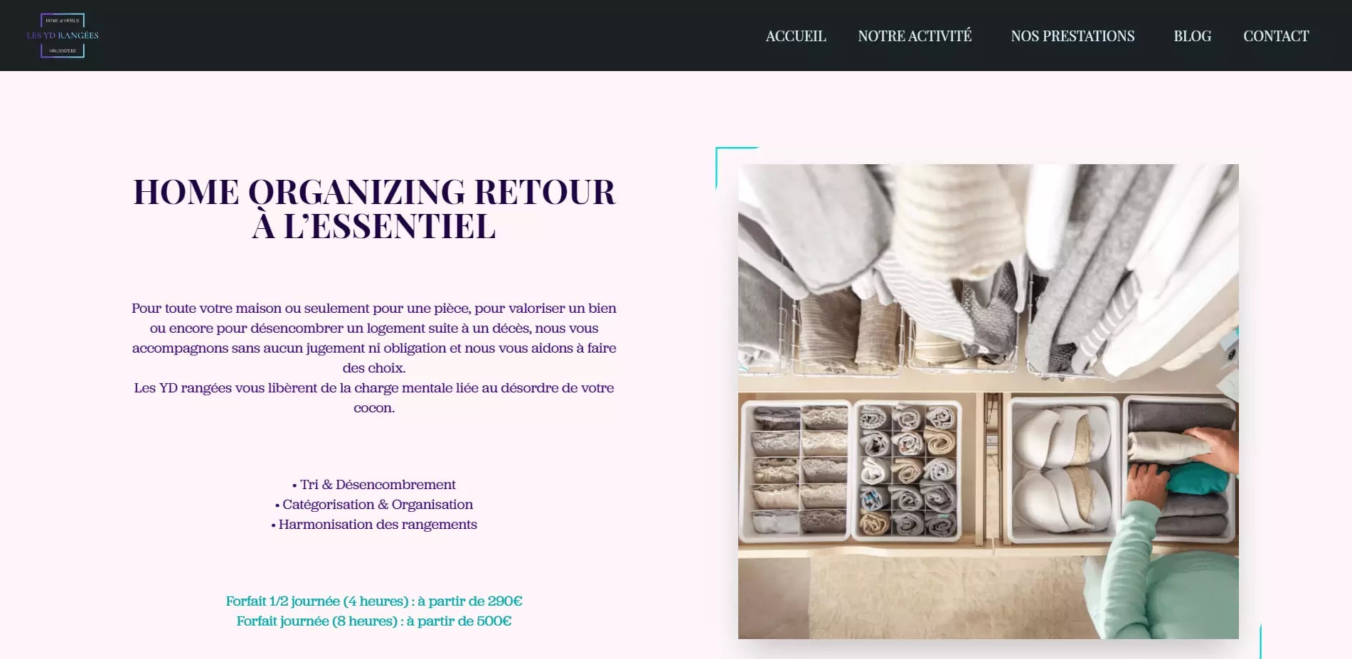 Neatly folded towels and clothing in an organized closet with French text overlay suggesting home organizing and decluttering themes