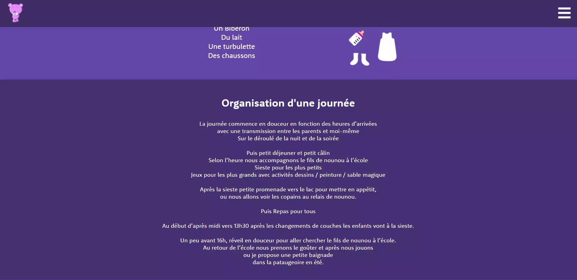Webpage with purple background showing icons and text listing baby items and a daily routine in French for children