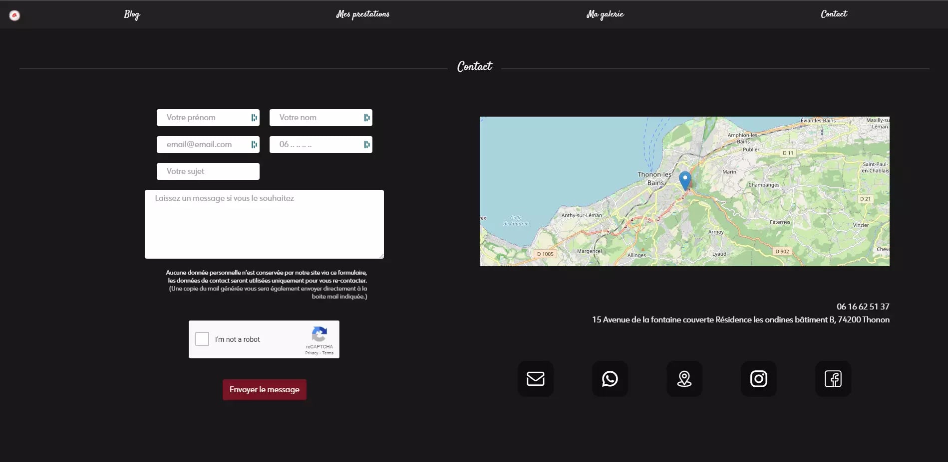 Contact page with message form on the left and map location in Thonon-les-Bains, France on the right