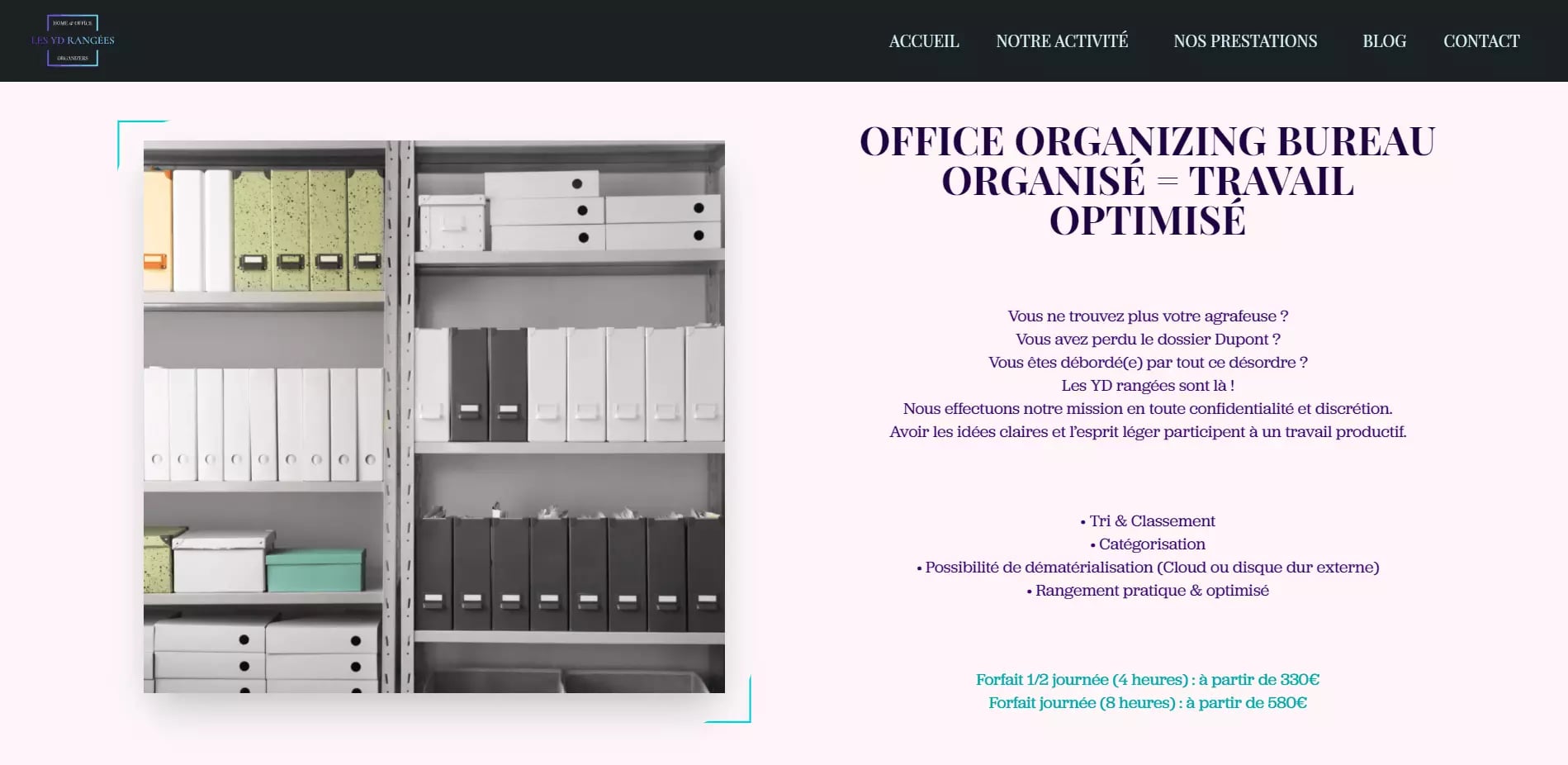Neatly arranged office organization shelves full of binders, boxes, and filing accessories on a French website promoting organizational services.