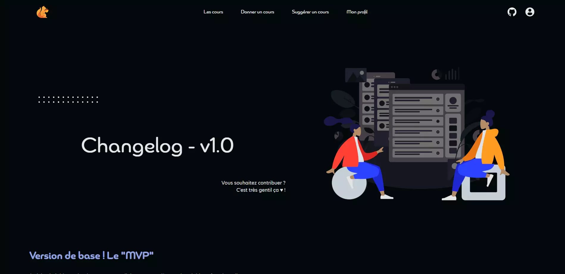 Illustration of two people leaning against a server rack with navigation options for tech education website