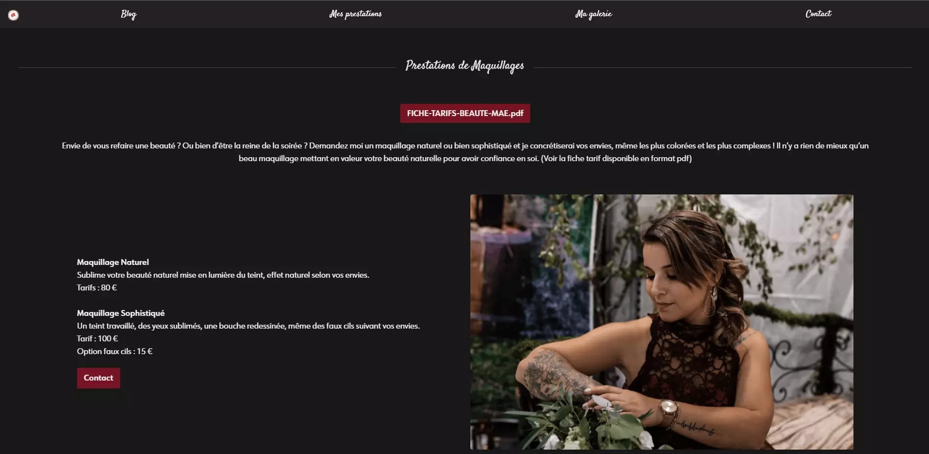 Woman arranging flowers in a vase at a decorated indoor space with French beauty services text in the background