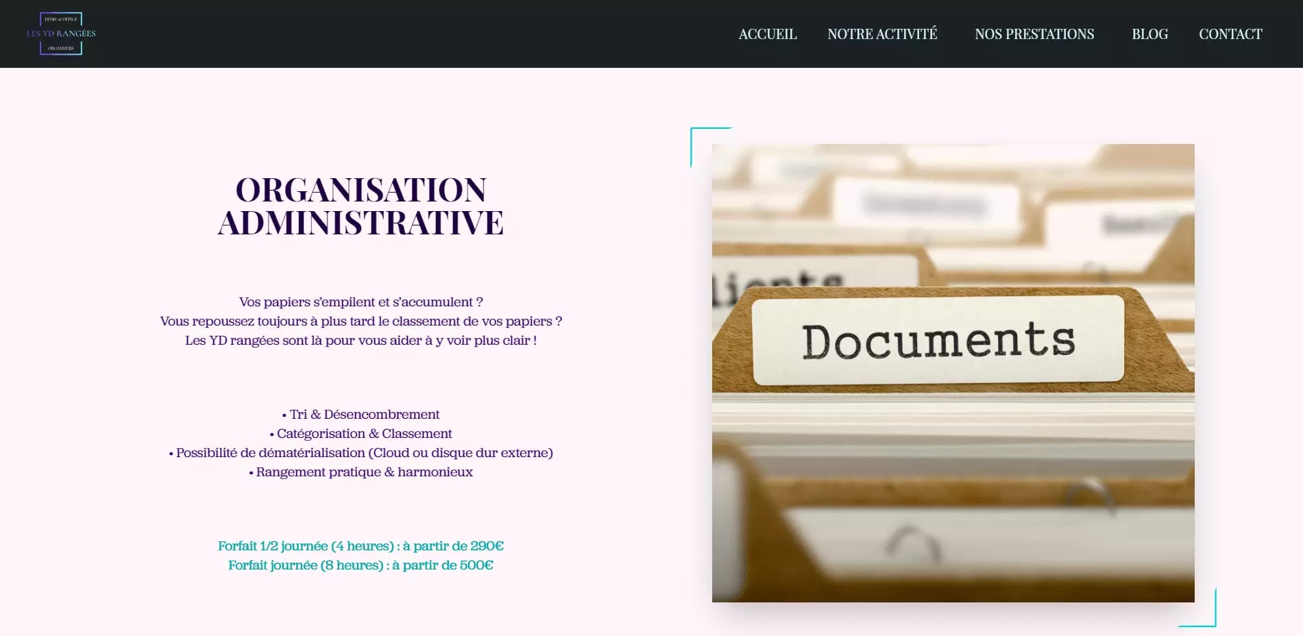 Close-up of file folders with tab labeled 'Documents' in focus, background text 'ORGANISATION ADMINISTRATIVE'