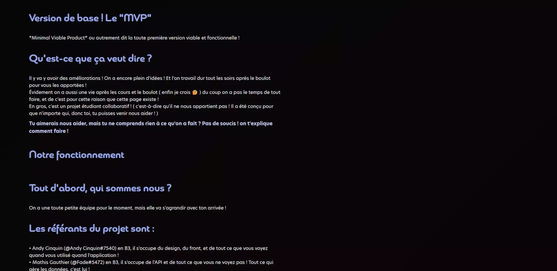 Image of a text-heavy screen with French text describing the first version of a project called MVP, including its significance, operation, and participants in an informal manner.