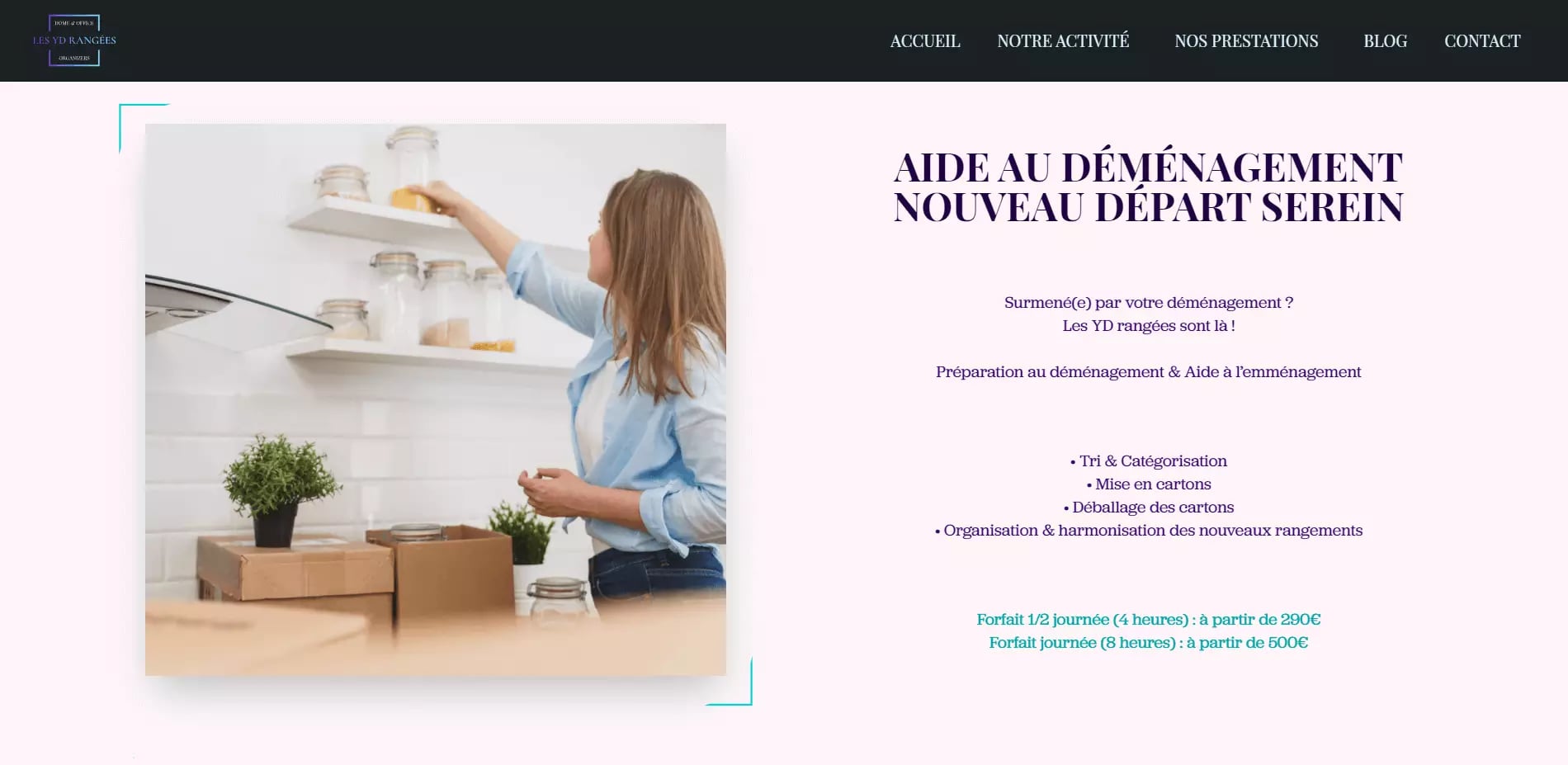 Person reaching for a jar on white open shelf in bright kitchen with moving boxes on counter