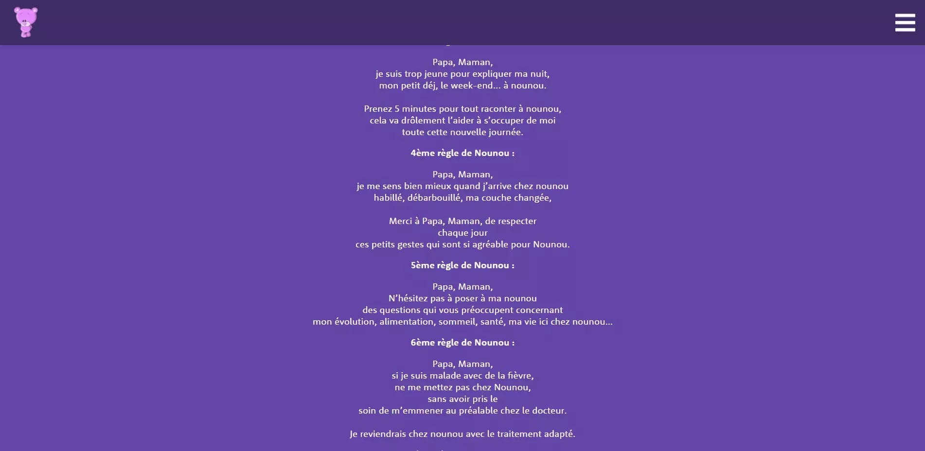 Purple background with French text listing child care guidelines titled '4th Nanny Rule' '5th Nanny Rule' '6th Nanny Rule' with teddy bear and menu icons.