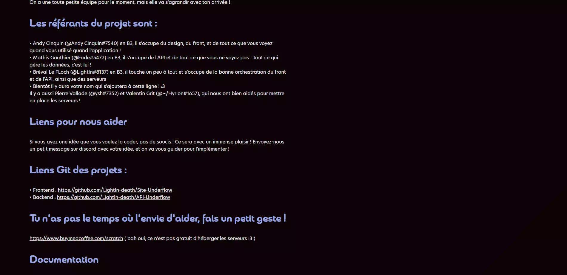 Screenshot of a text document in French with project member list, contact information, GitHub links, and contribution details on dark background
