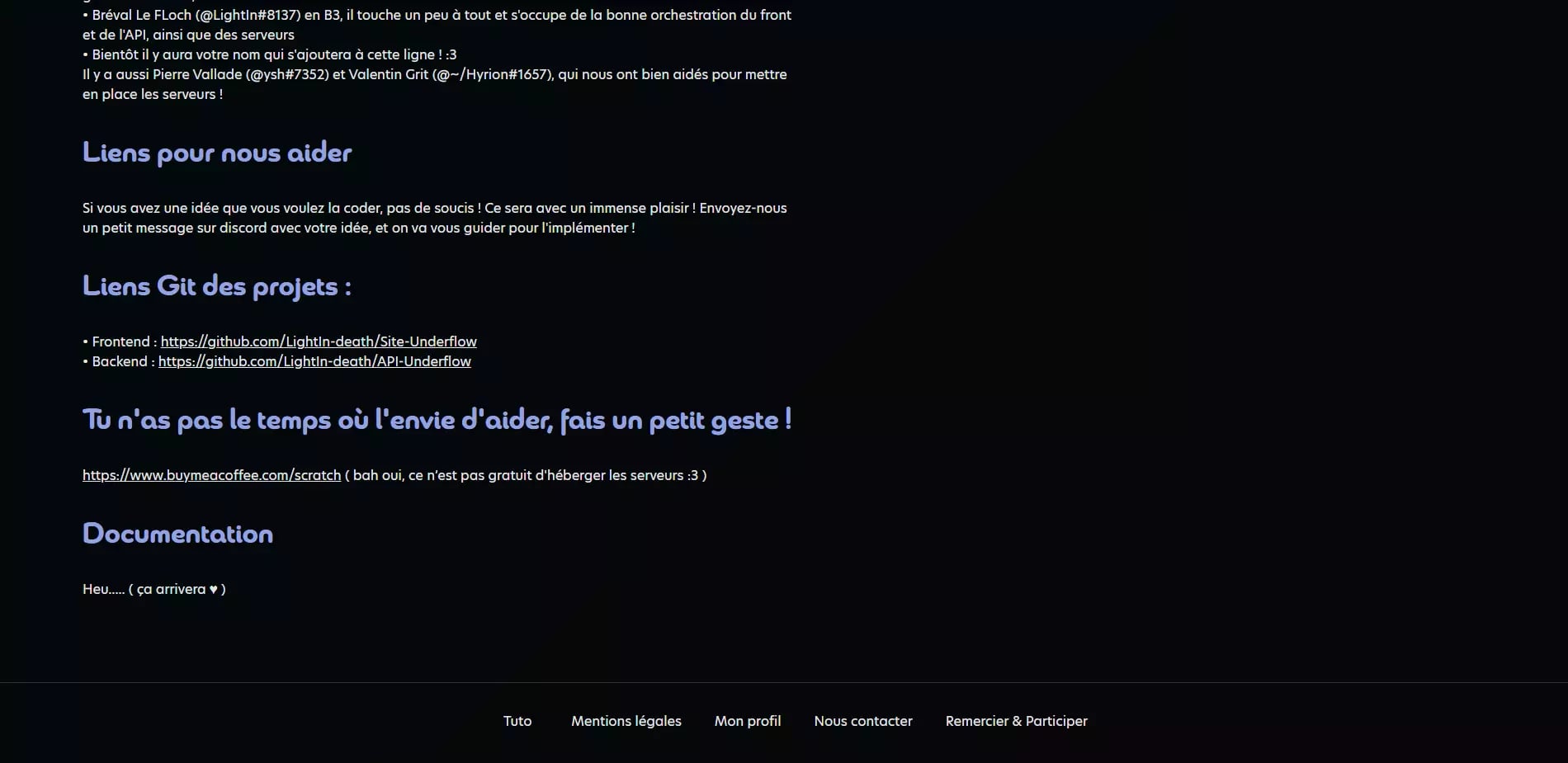 Screenshot of a French webpage acknowledging project contributors and providing Git links and 'Buy Me a Coffee' option