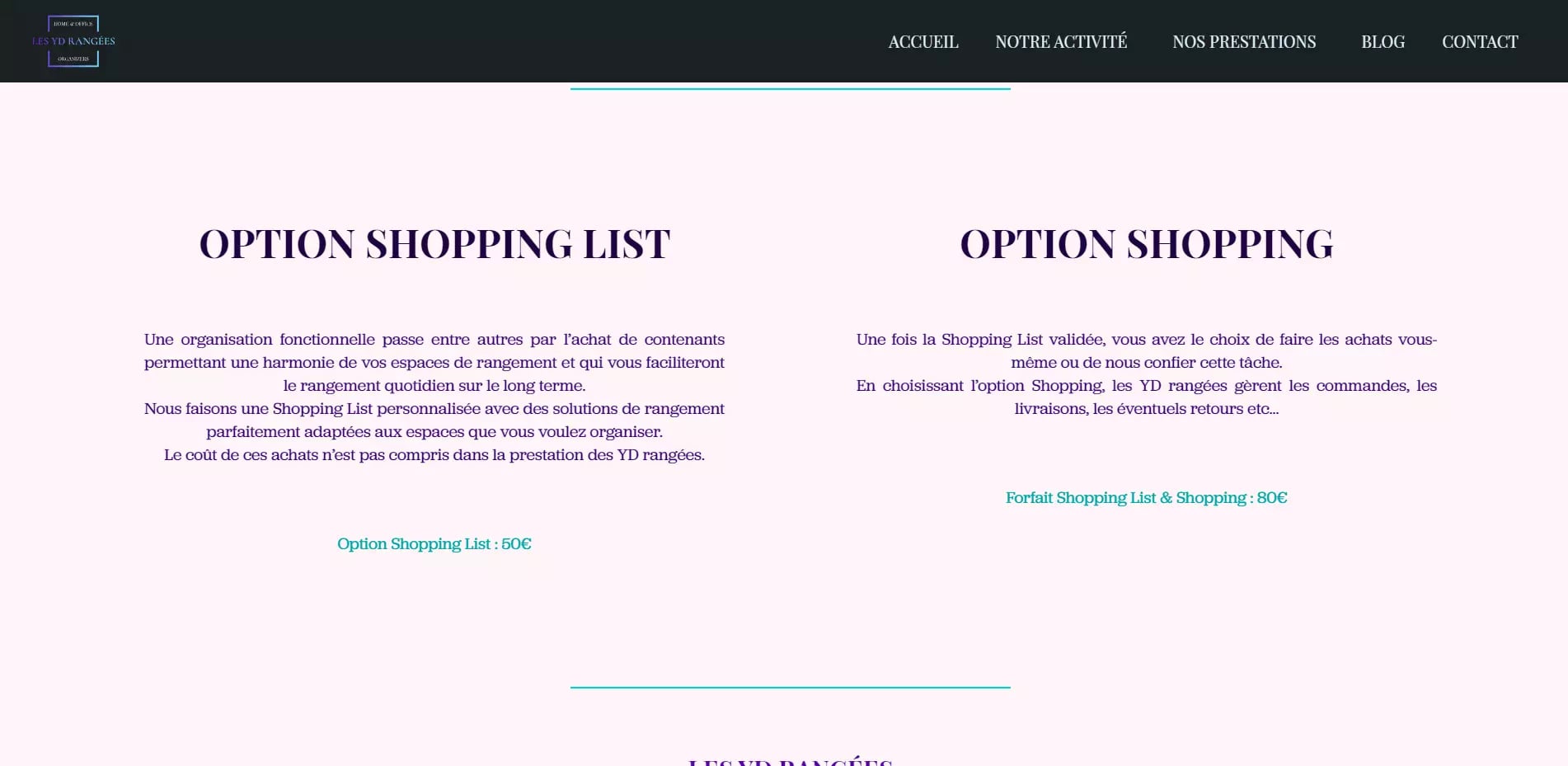 Screenshot of a French website displaying sections related to personalized shopping lists and shopping options for organizing spaces.