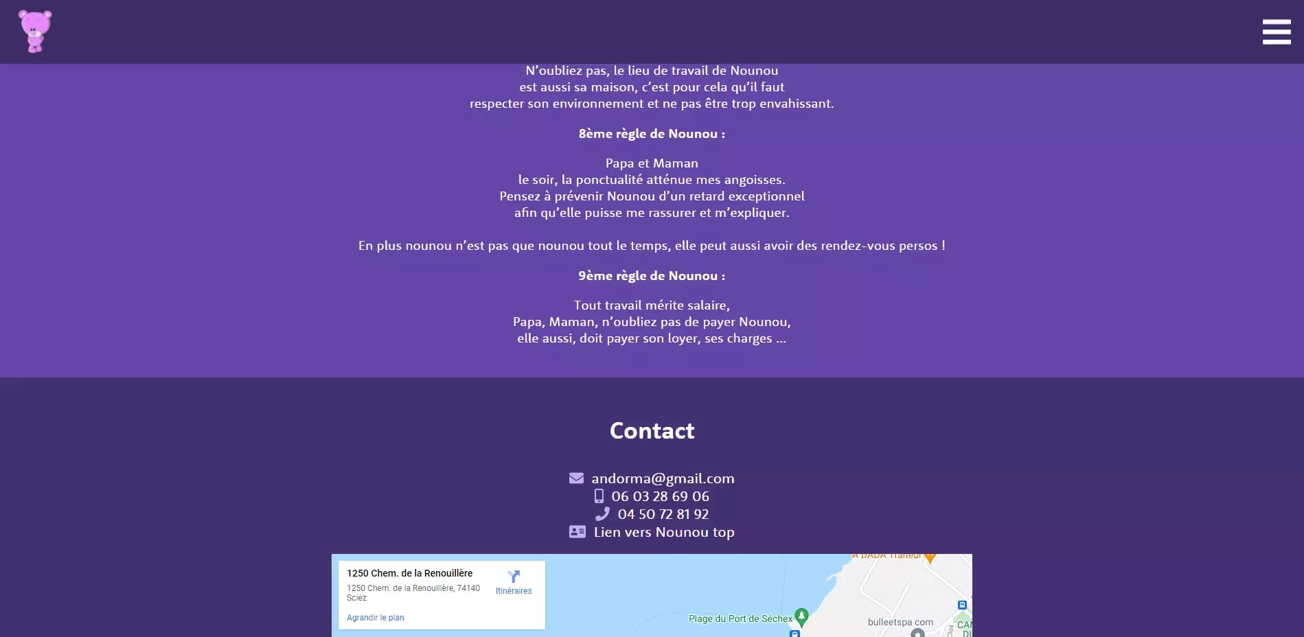 Purple webpage featuring French guidelines for nanny rules and contact information.