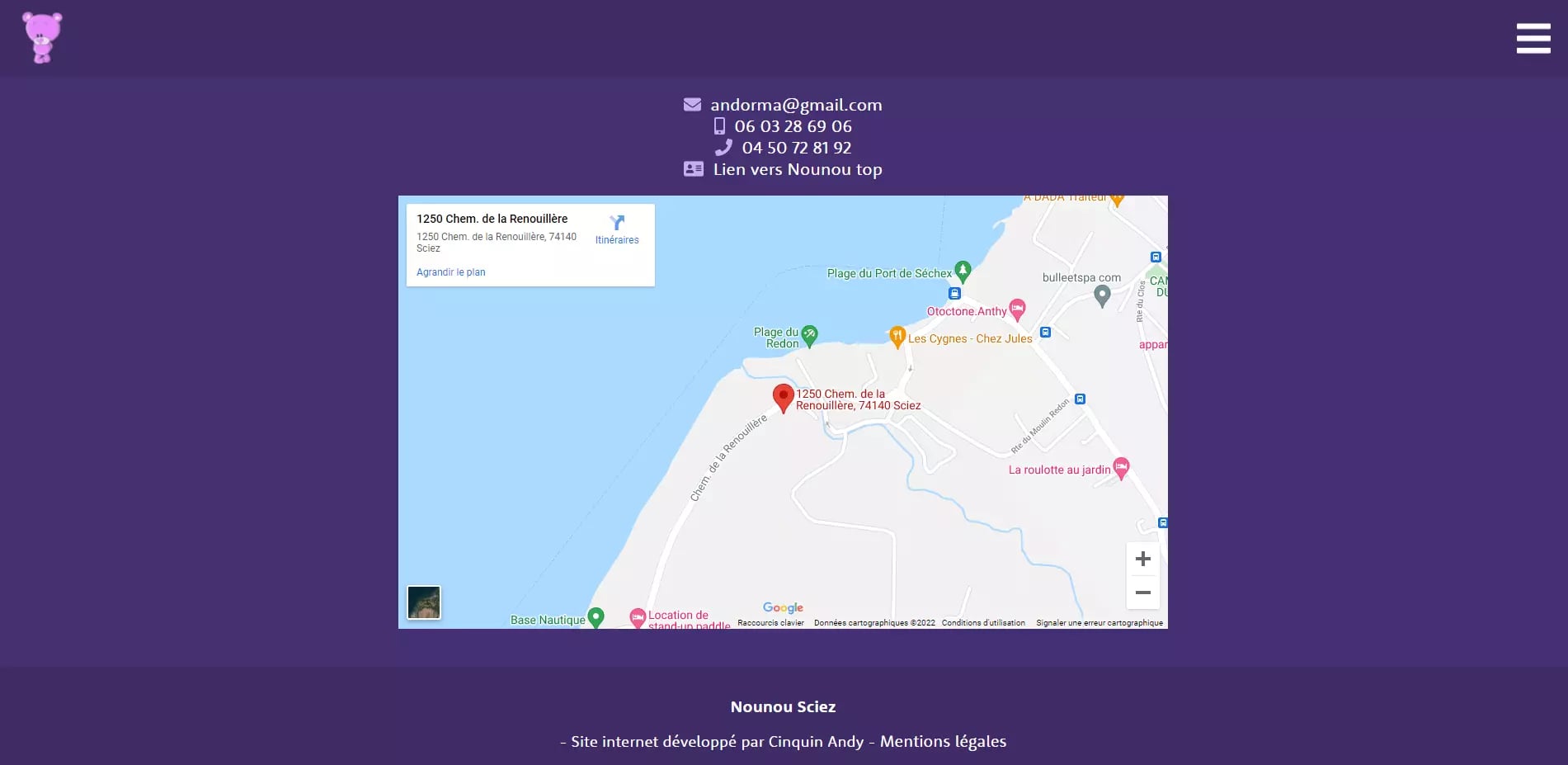 Screenshot of Nounou Sciez website contact page with Google Map embedded pinpointing address in Sciez, France.