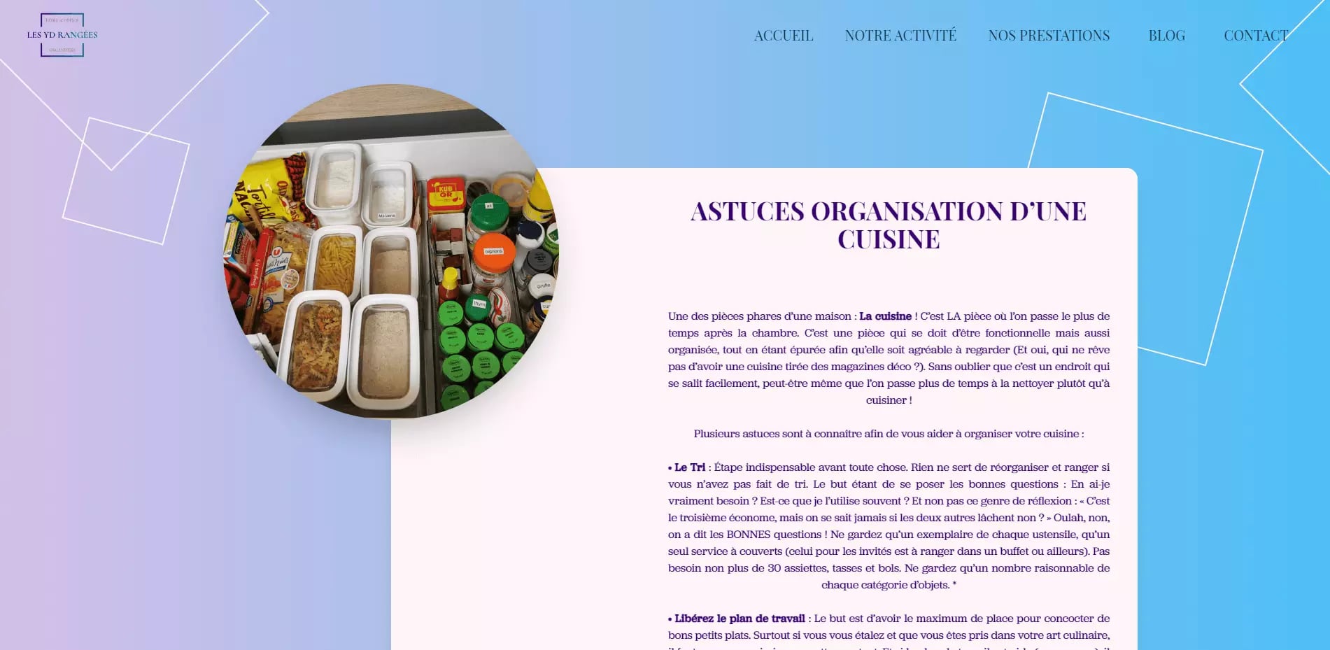 Website screenshot featuring a section on kitchen organization tips with neatly arranged food items and spices in a cabinet or drawer.