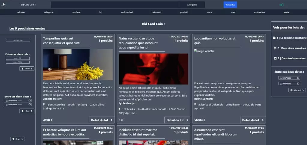 Screenshot of a French auction site in dark mode with upcoming auctions, price filters, and search bar