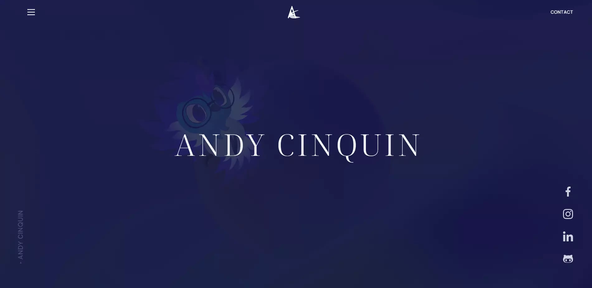 Dark blue background with white text that reads 'ANDY CINQUIN', a stylized logo next to the text, and social media icons for Facebook, Instagram, and LinkedIn on the right.