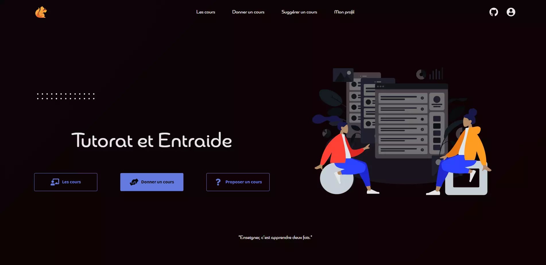 Dark-themed webpage featuring 'Tutorat et Entraide' text, course options, and quote 'Teaching is learning twice'. Stylized characters engaged with abstract server structures.