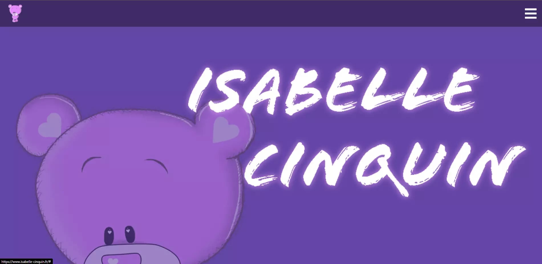 Cartoon style drawing of a purple bear with closed eyes and pink hearts, created by Isabelle Cinquin