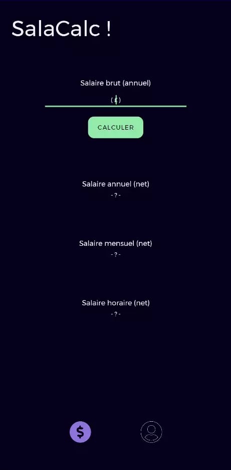 Image of SalaCalc salary calculation application interface with fields for entering annual gross salary, sections for displaying annual net salary, monthly net salary, and net hourly wage, and icons for currency and settings.