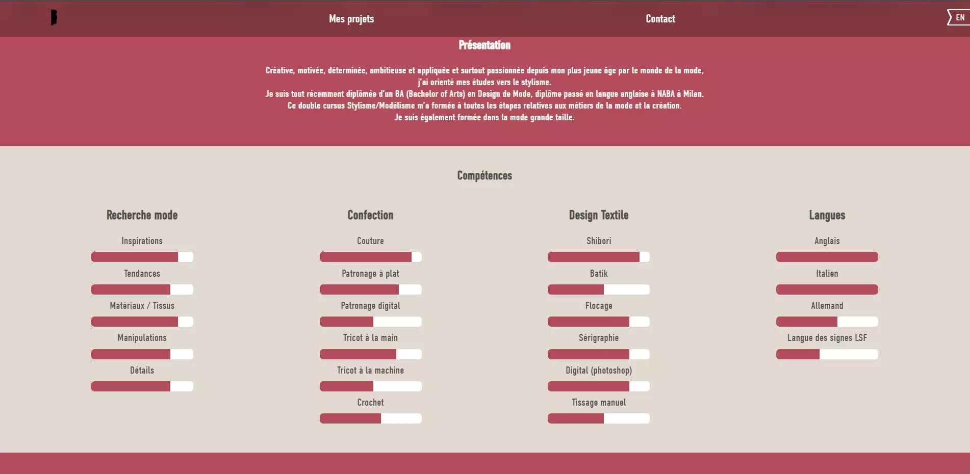 French webpage showcasing sections on My Projects, Presentation, Fashion Research, Skills, Textile Design, and Languages with sliders indicating proficiency levels in various fashion design and language skills.