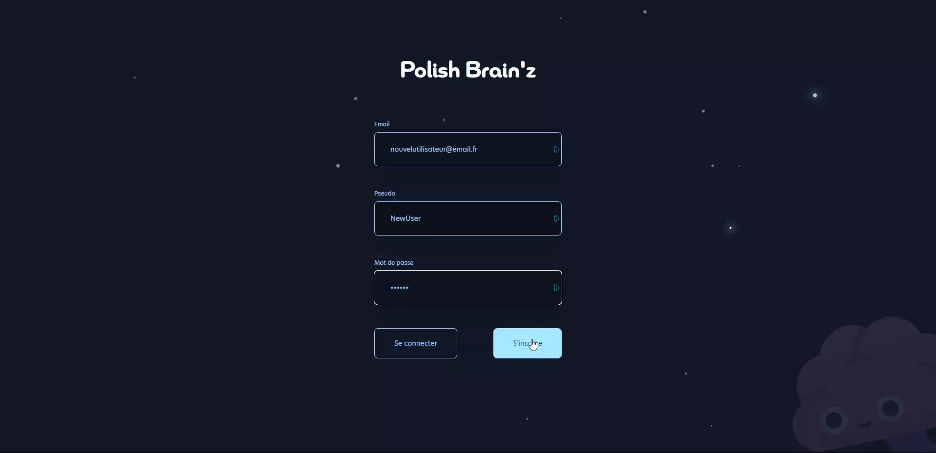 Dark-themed user interface with 'Polish Brain'z' title, email, pseudo, and password input fields, log in and sign up buttons, and stylized cartoon brain in starry night sky background.