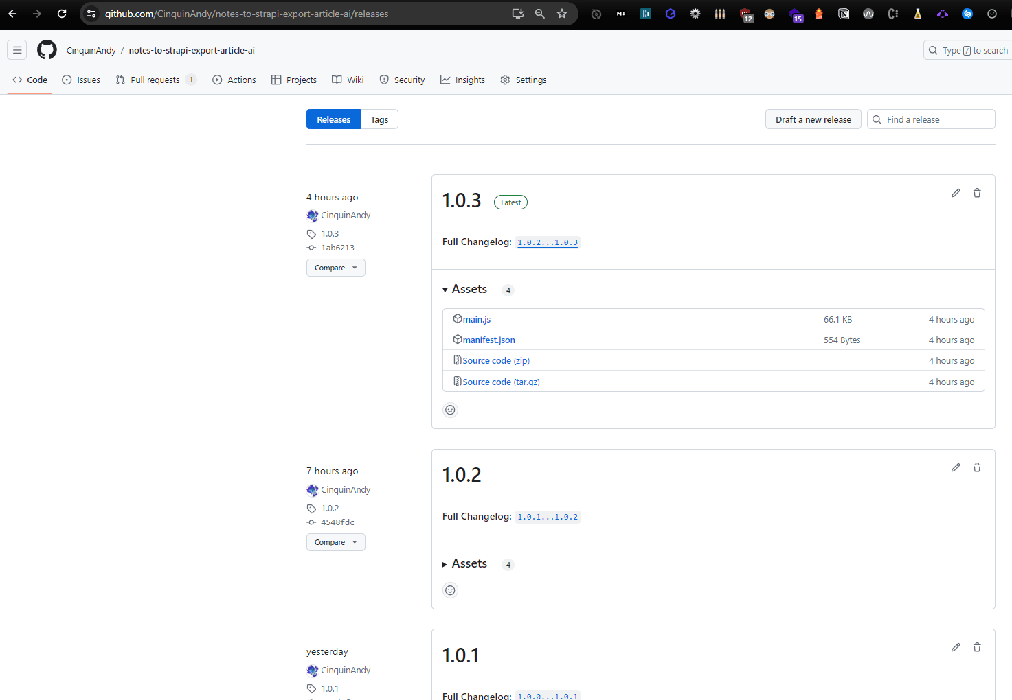 Screenshot of a GitHub repository page showing the releases section with version numbers, release notes, and downloadable assets
