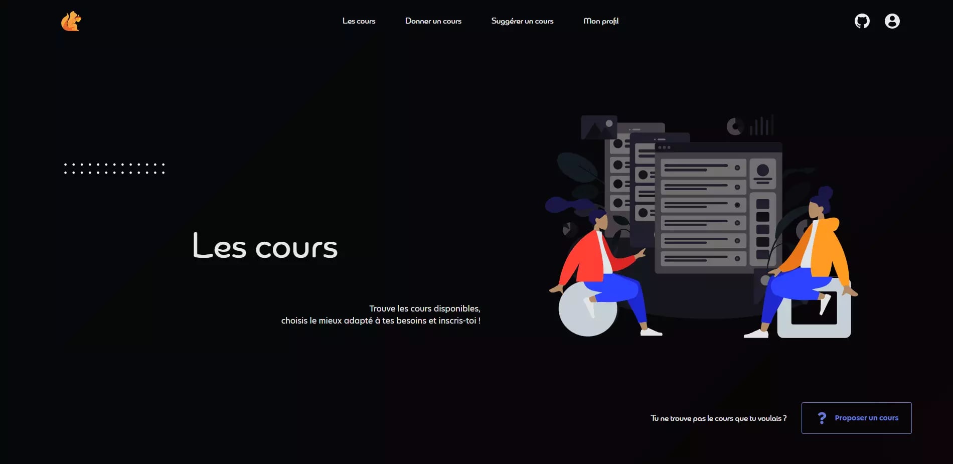 Illustration of a web page in French with educational courses and registration options