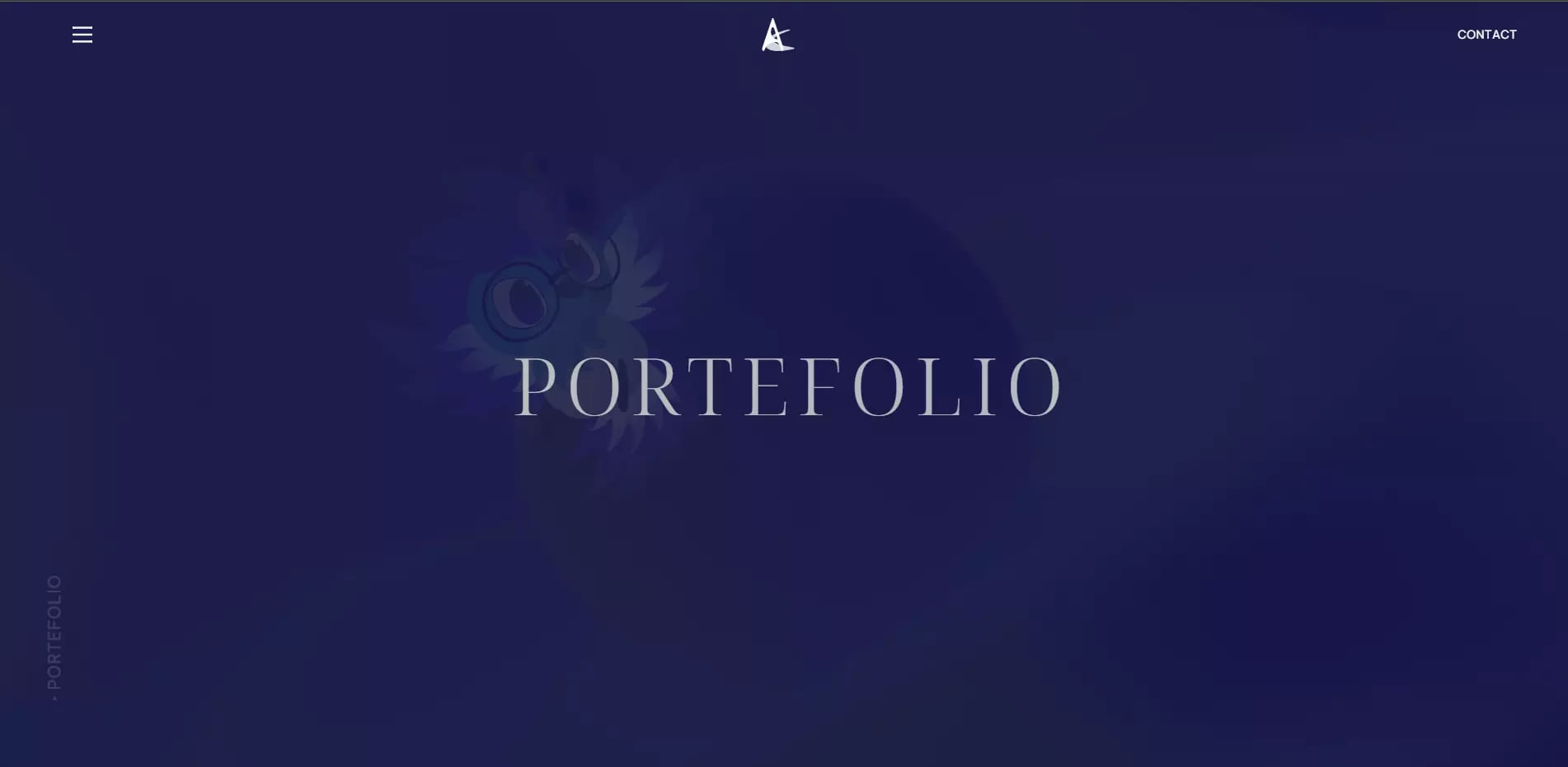 Dark blue background with 'PORTEFOLIO' in large white letters, stylized icon on the left, menu icon on top left corner, 'CONTACT' button on top right corner