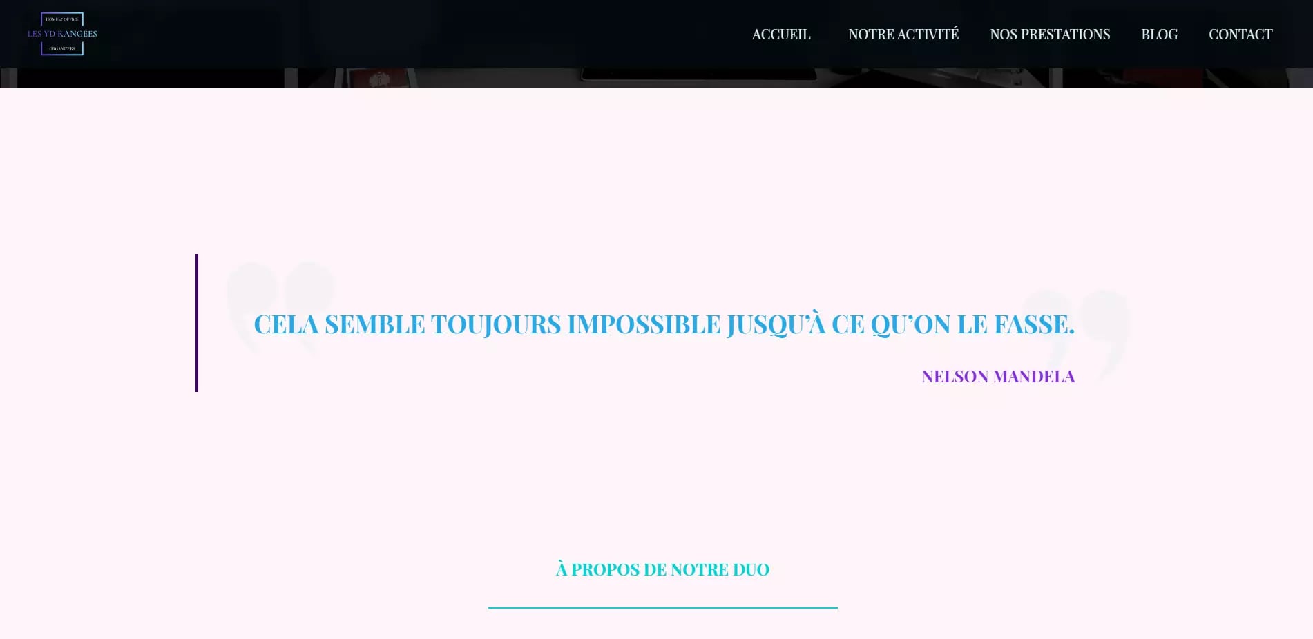 Website header with navigation menu links in French and a quote by Nelson Mandela that reads 'It always seems impossible until it's done.' Minimalist design with white background and subtle use of color and typography.