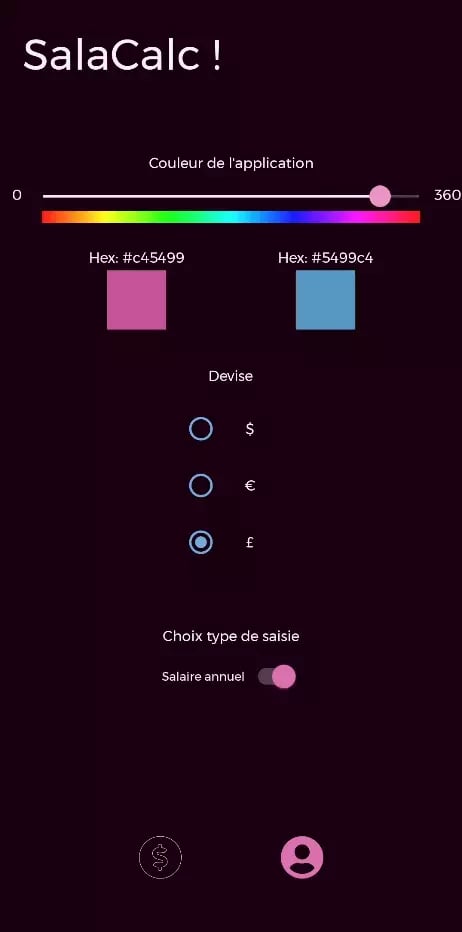 Mobile application interface featuring SalaCalc! salary calculator with color picker, currency selection, and input type toggle.