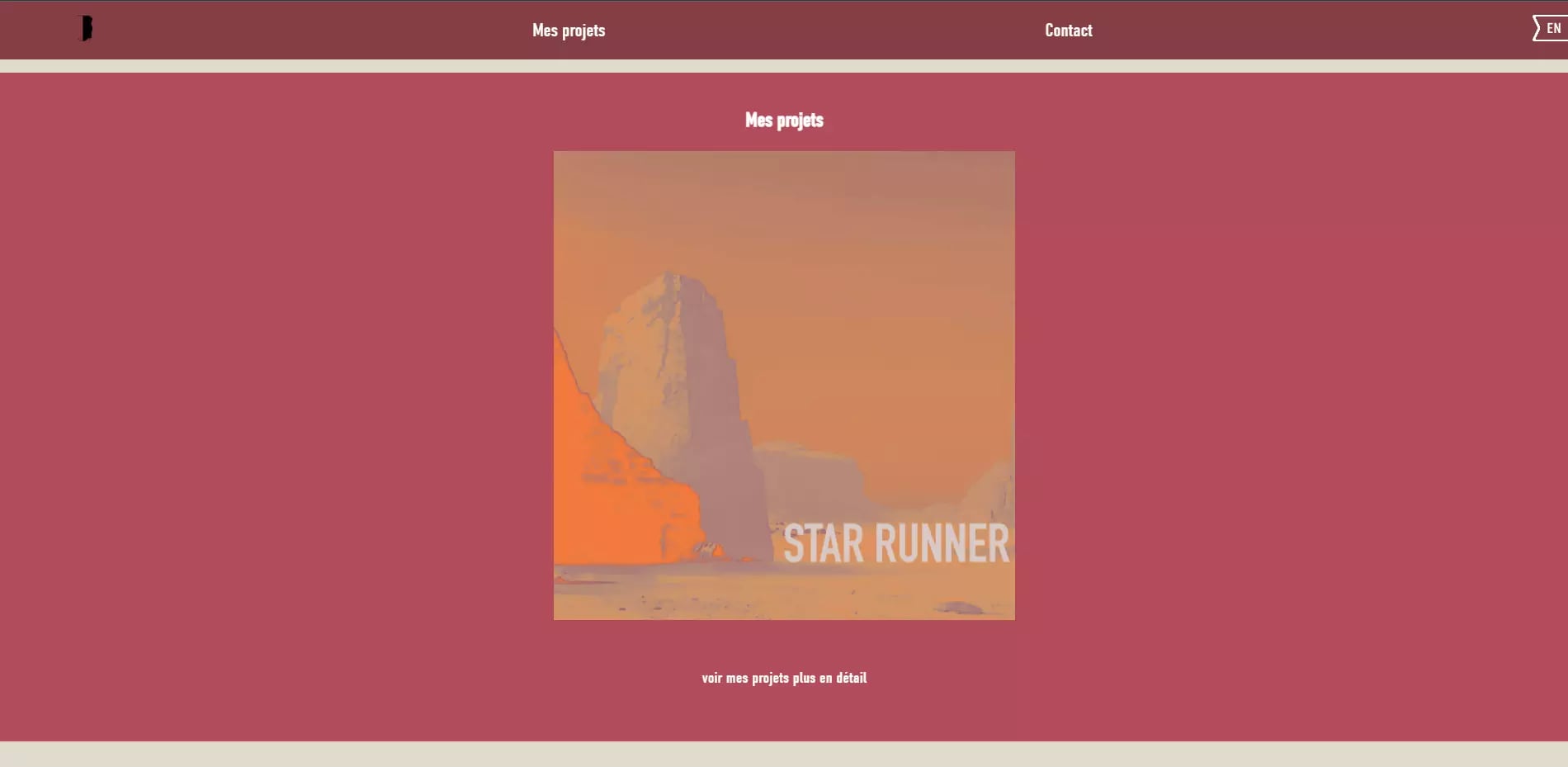 Website page with navigation bar displaying options My projects and Contact, language selection button for English, stylized graphic of mountain with STAR RUNNER text, caption linking to view more project details.