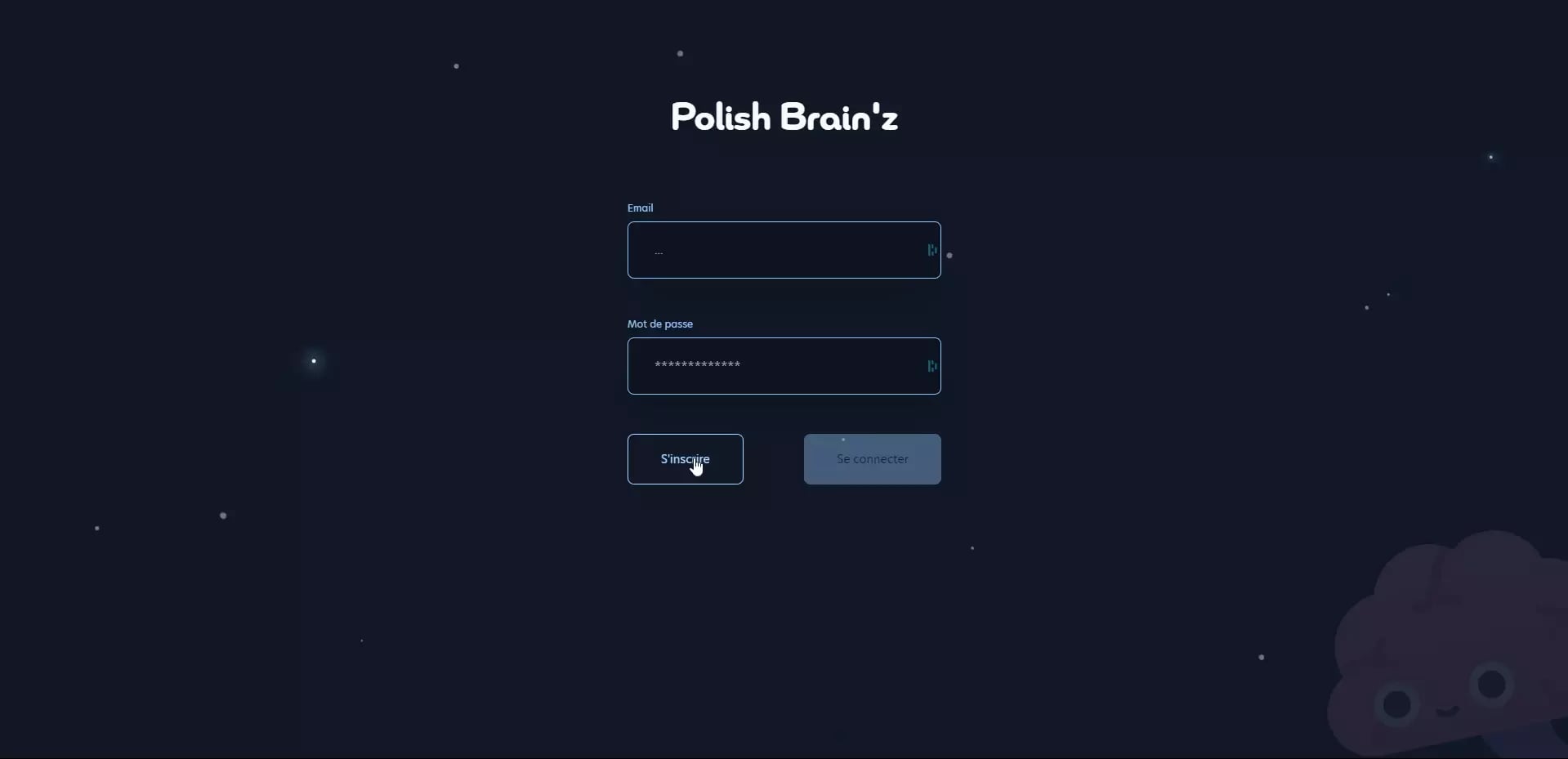 A dark login or sign-up page for the platform 'Polish Brain'z' with email and password fields, and 'S'inscrire' and 'Se connecter' buttons in French.
