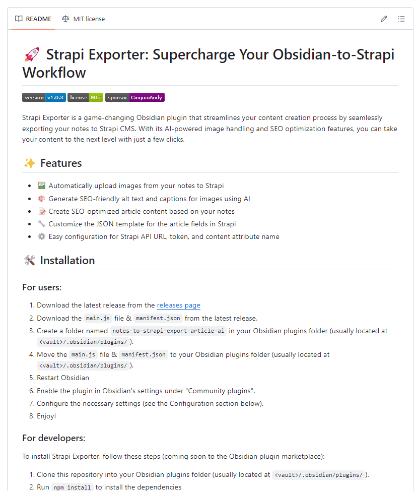 Screenshot of GitHub page showcasing features and installation steps of the 'Strapi Exporter' software project.
