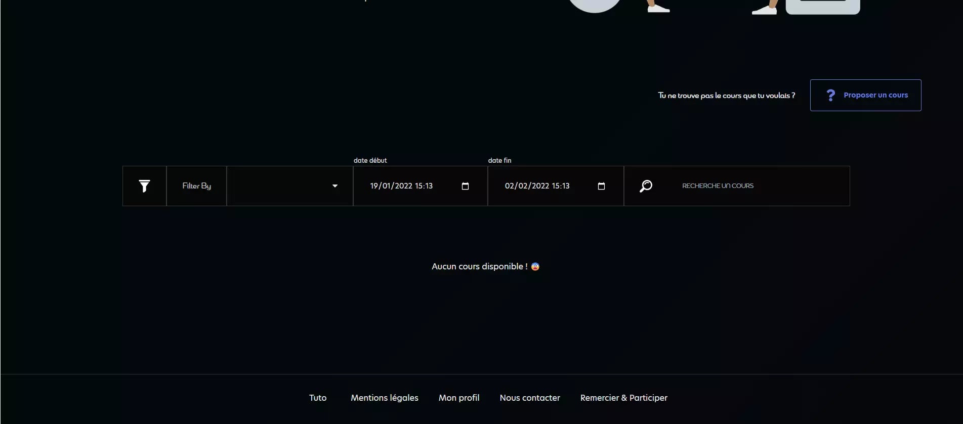 A dark-themed user interface of a website or application in French with date filter, search functionality, and no courses available message