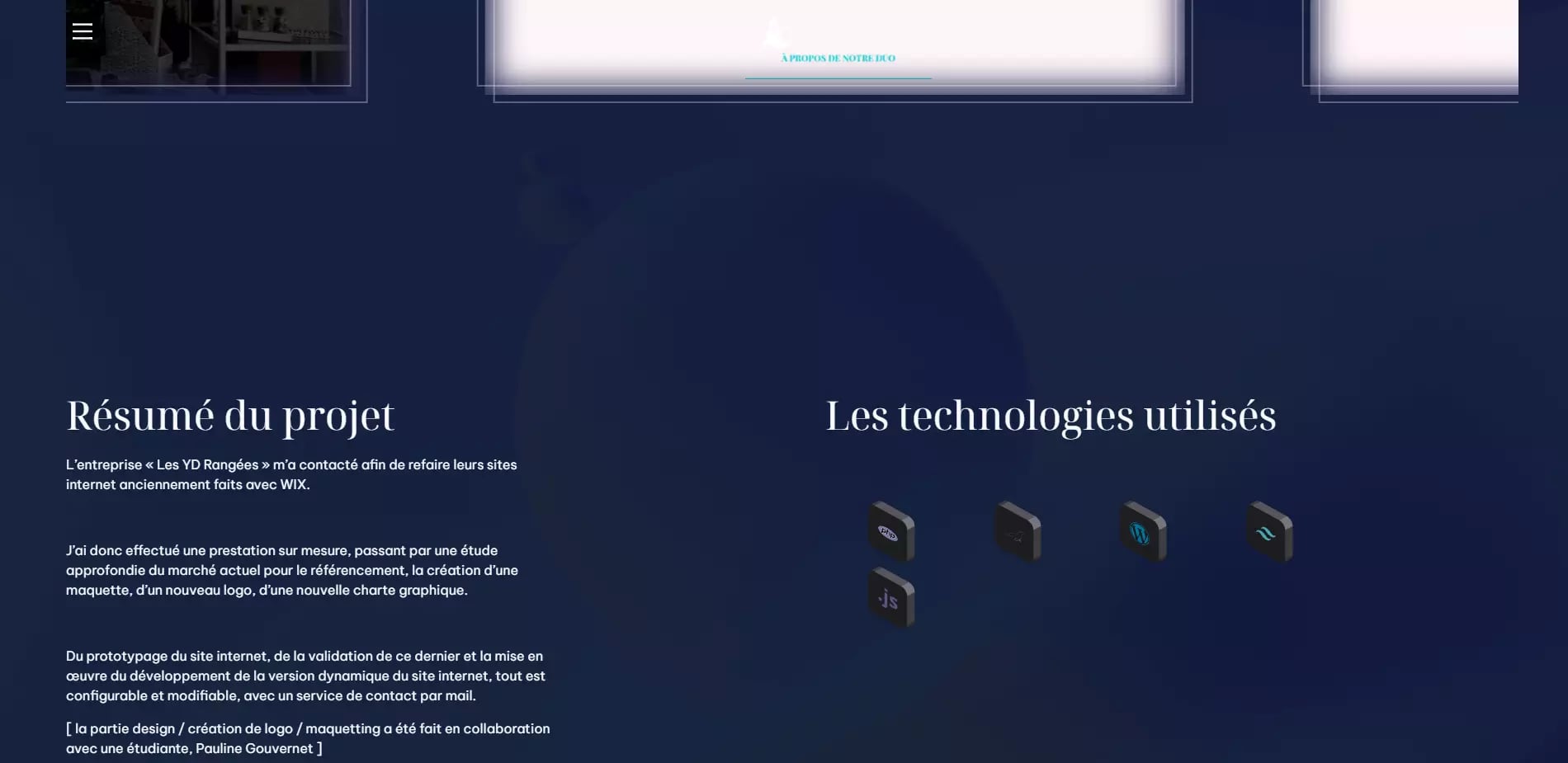Screenshot of a French webpage detailing a project summary and technologies used for redesigning websites.