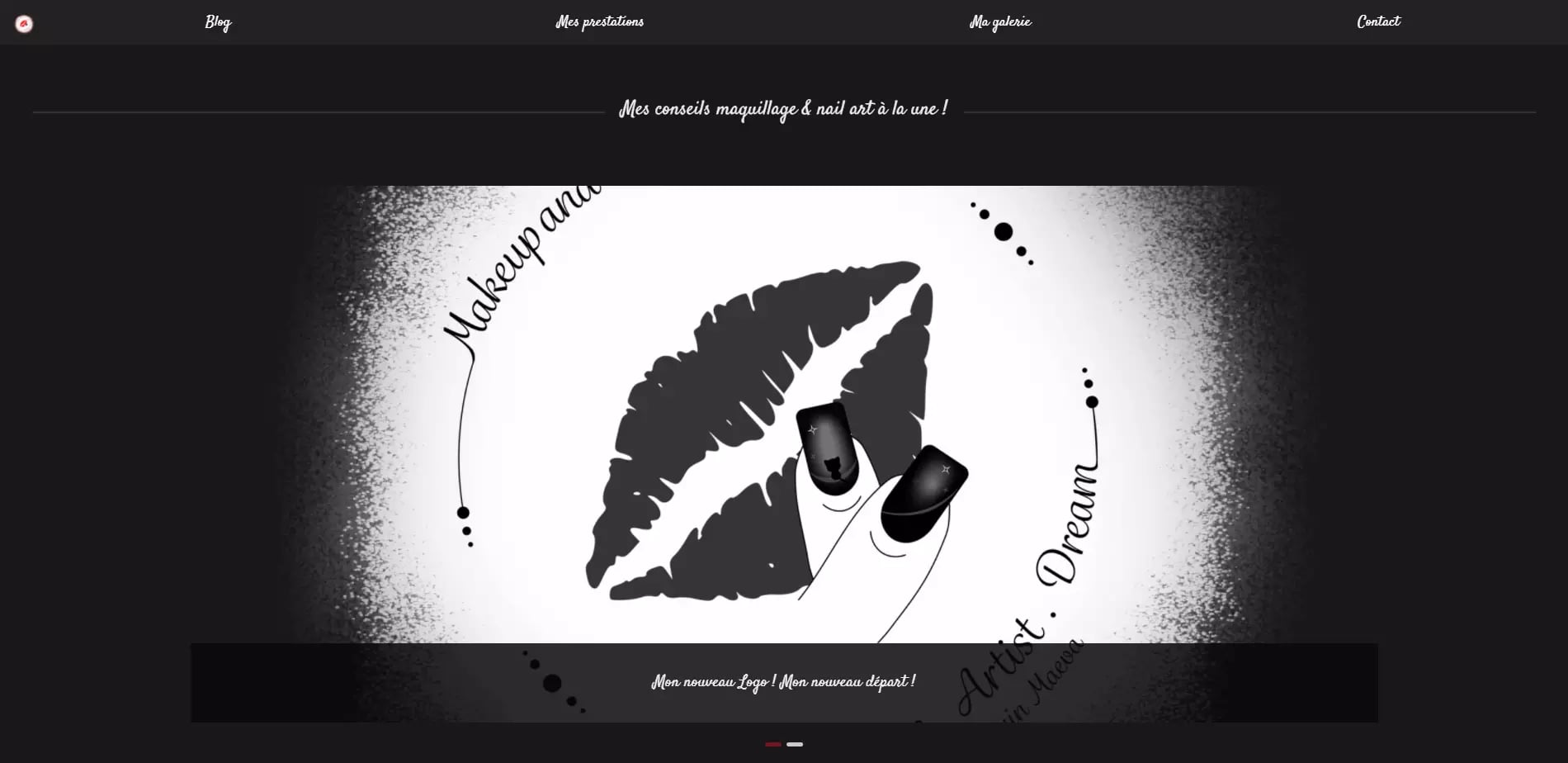 Black and white graphic with lipstick marks, nail polish bottles, and whimsical text 'Makeup and... Dream' on a blog or website about beauty and makeup.