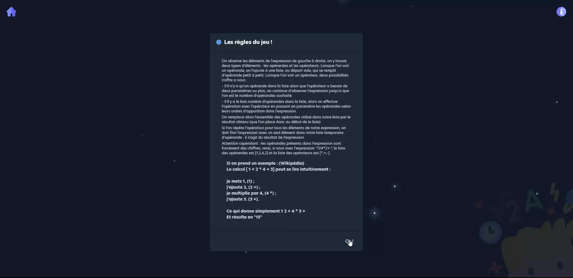 Dark background with text in French explaining operands, operators, and evaluation rules for a calculation game or coding challenge