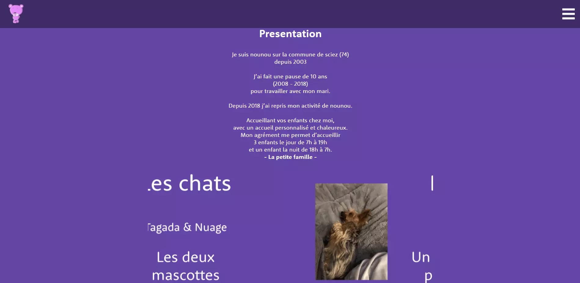 Screenshot of a French website presentation page for a childminder service in Sciez, 74, France, featuring information on experience, care services, and pets named Tagada & Nuage.