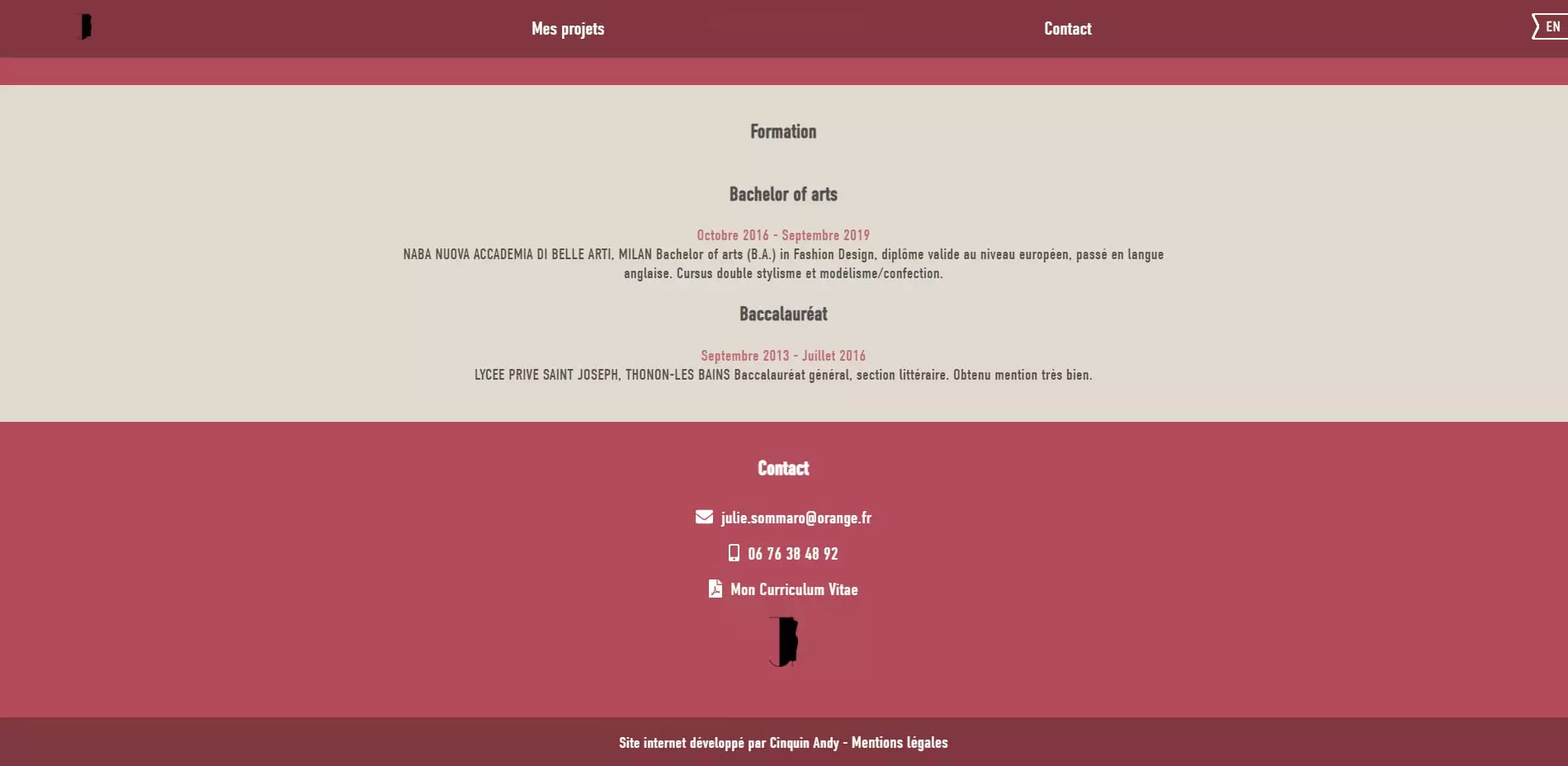 Screenshot of a French online resume displaying educational background, contact information, and a link to a curriculum vitae.