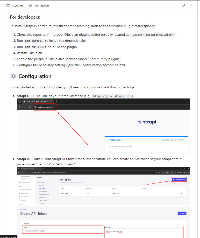 Screenshot of README file providing installation and configuration instructions for developers on setting up the Strapi Exporter plugin for Obsidian