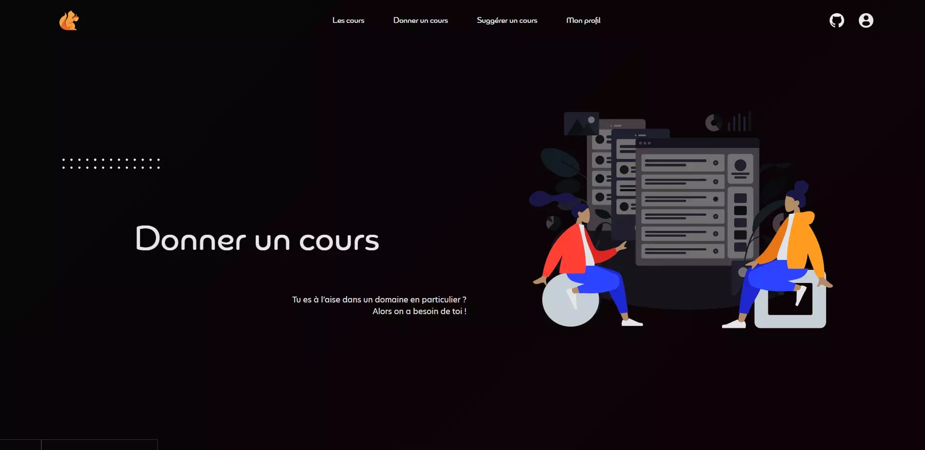 Dark-themed webpage header with the phrase 'Donner un cours' prominently displayed, two stylized figures seated next to digital equipment